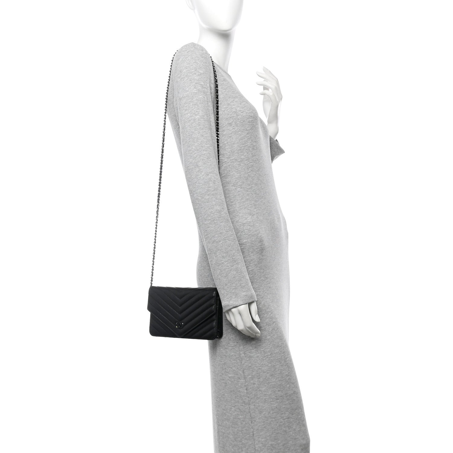 Chanel Sheepskin Chevron Wallet On Chain WOC Black 2 of 10