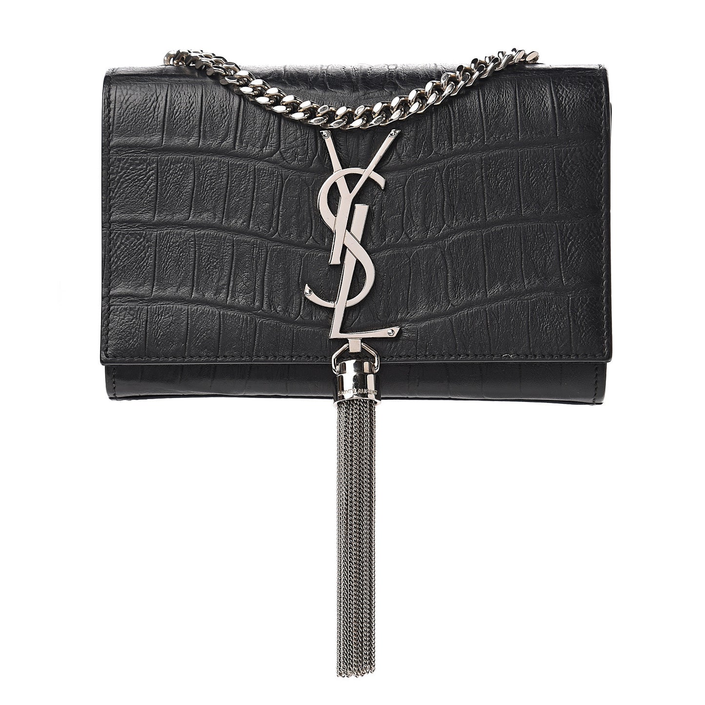 Calfskin Crocodile Embossed Small Classic Monogram Kate Tassel Satchel Black