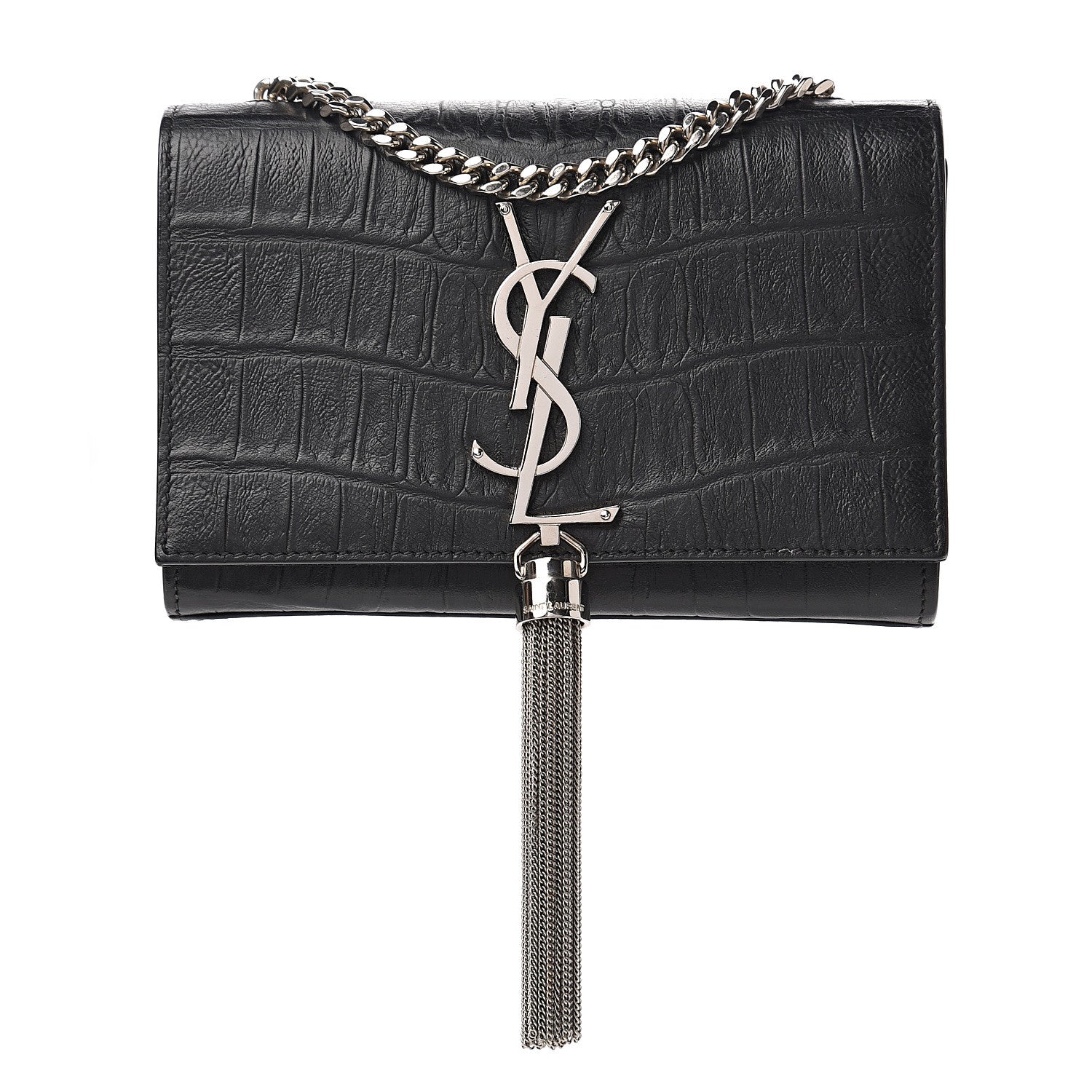 Saint Laurent Calfskin Crocodile Embossed Small Classic Monogram Kate Tassel Satchel Black 1 of 10