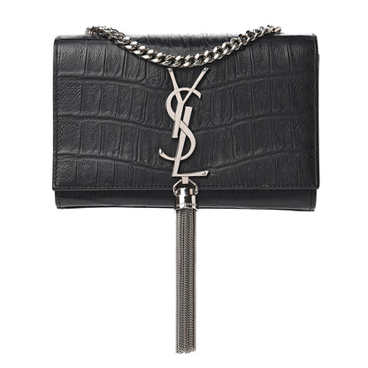 Saint Laurent Calfskin Crocodile Embossed Small Classic Monogram Kate Tassel Satchel Black 1 of 10