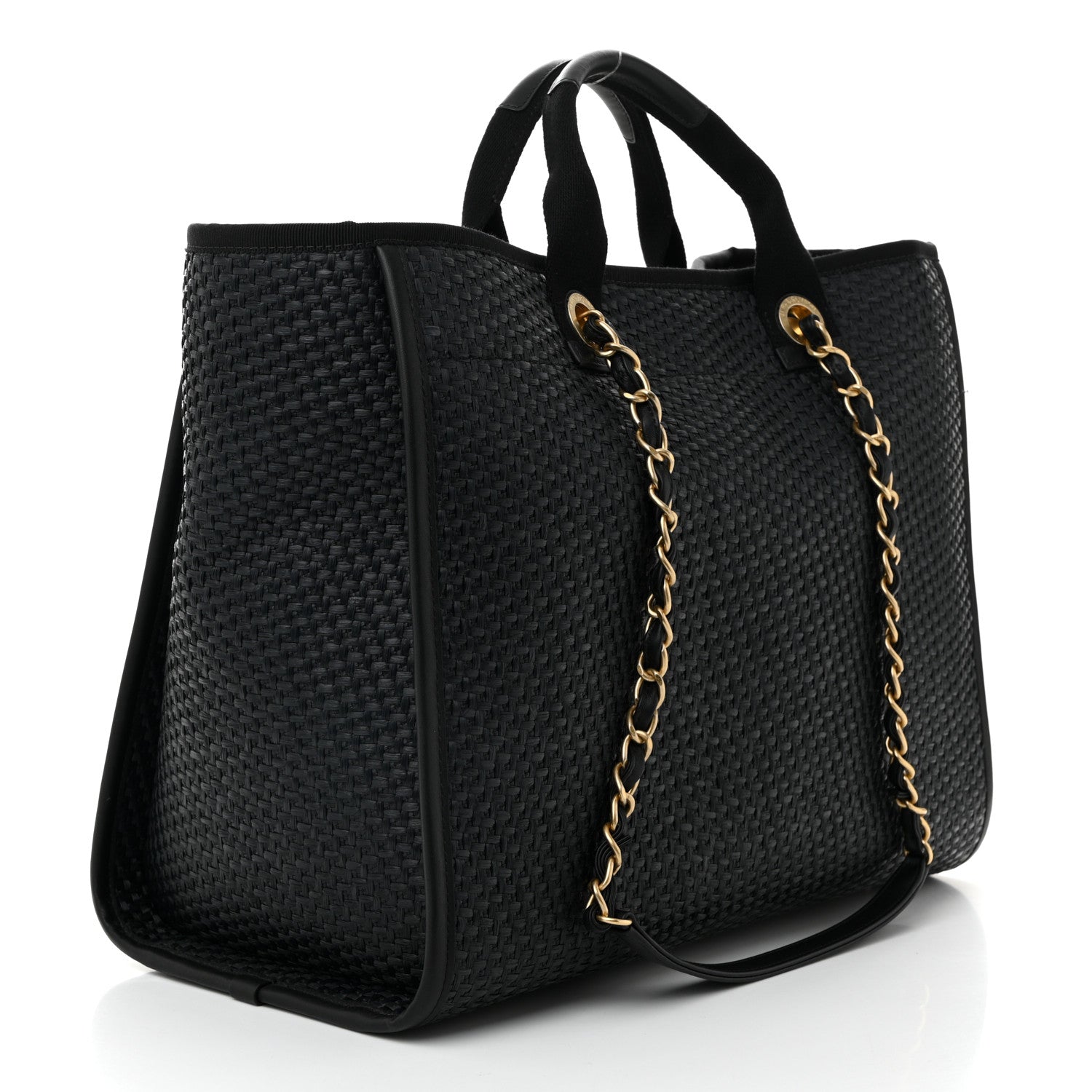 Chanel Straw Raffia Calfskin Chain Medium Deauville Tote Black 3 of 12