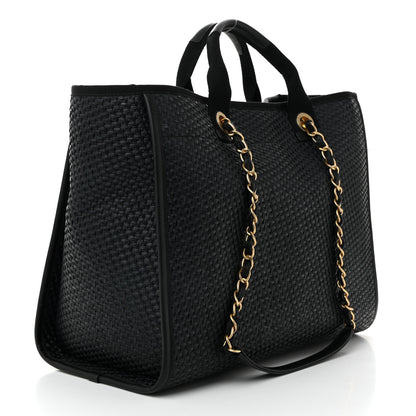 Chanel Straw Raffia Calfskin Chain Medium Deauville Tote Black 3 of 12