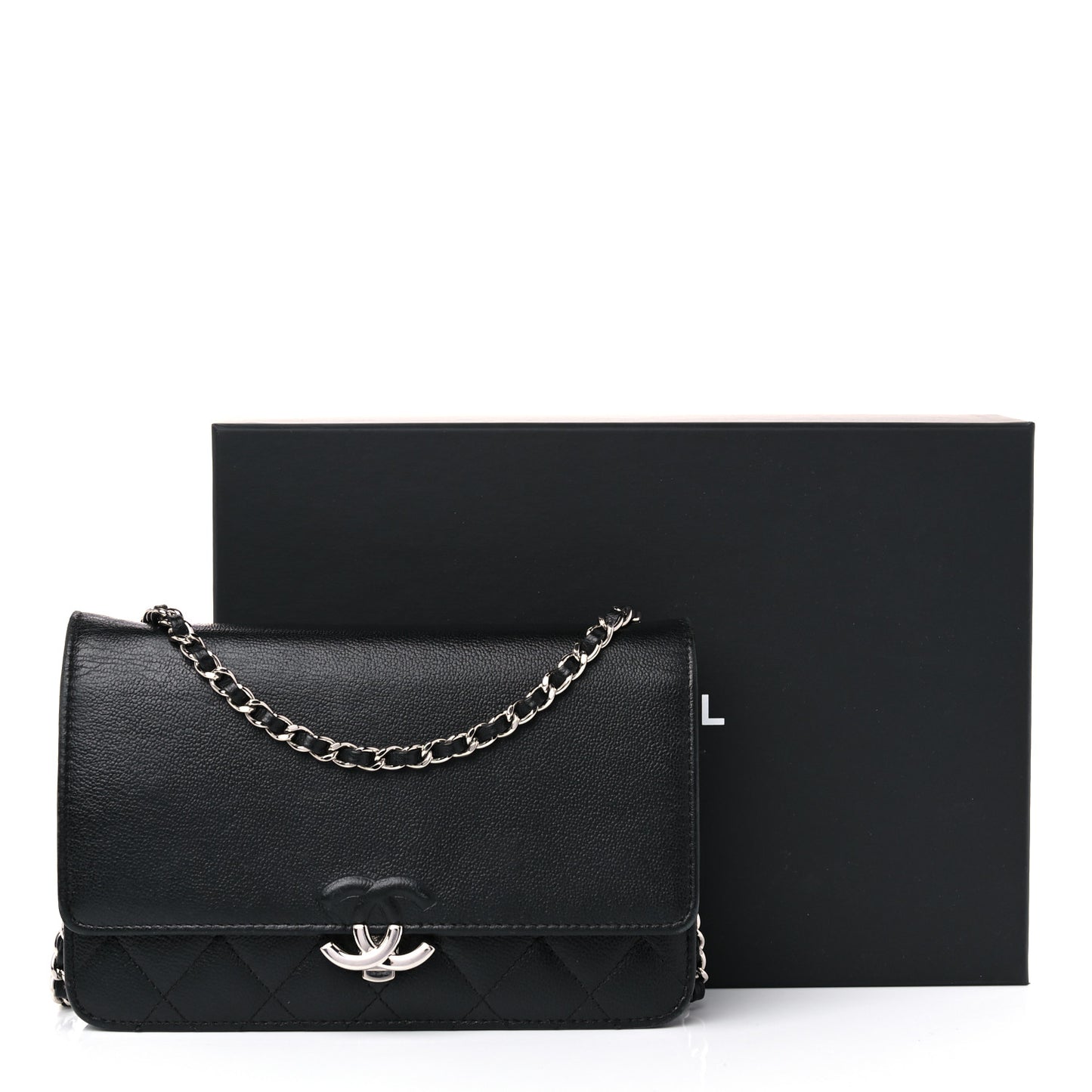 Grained Calfskin Quilted CC Box Wallet On Chain WOC Black