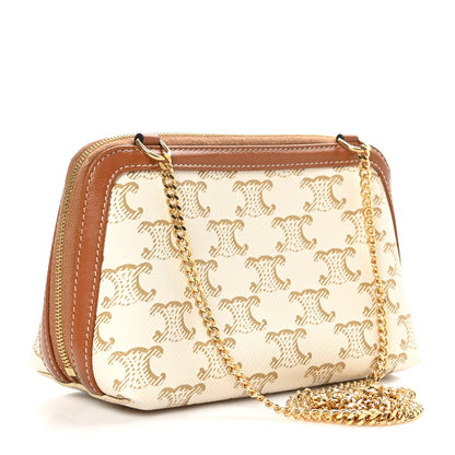 Celine Lambskin Triomphe Canvas Clutch With Chain White Tan 3 of 10