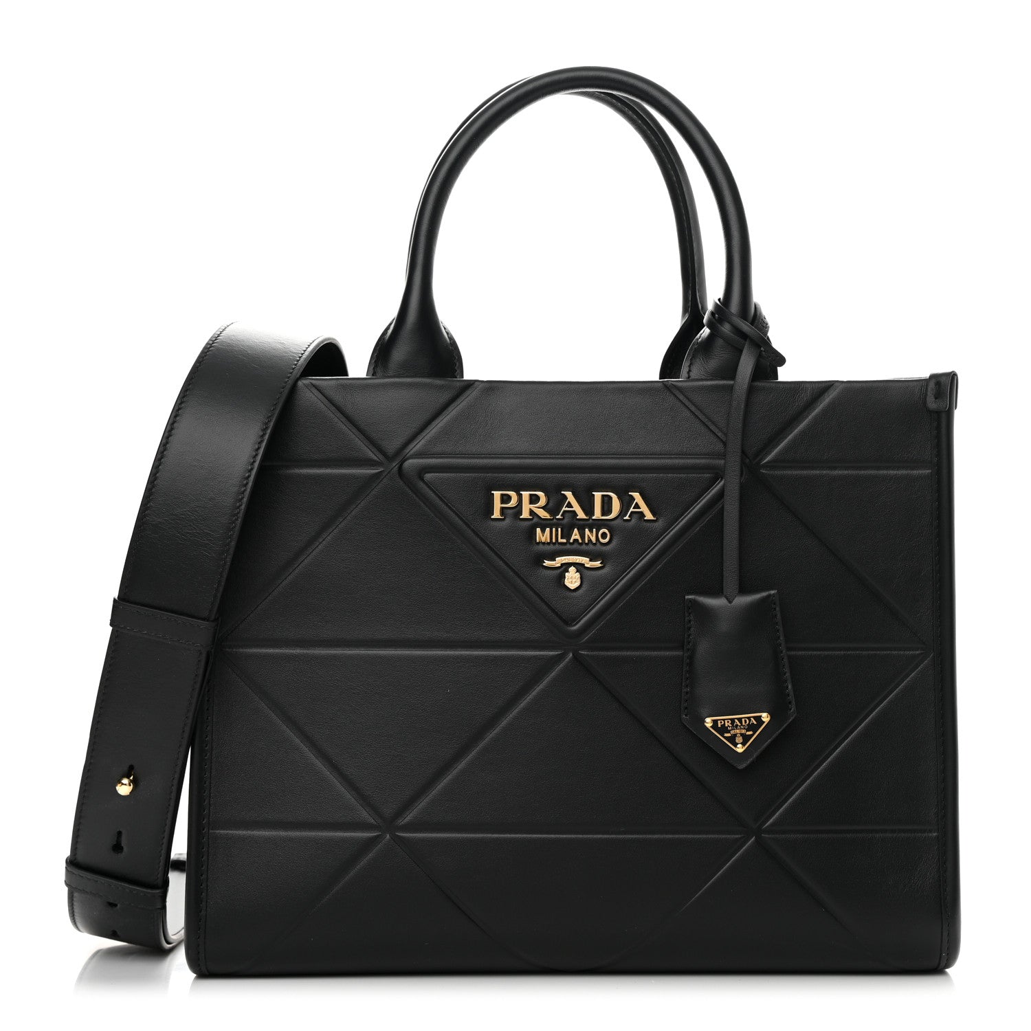 Prada Soft Calfskin Triangolo Symbole Embossed Small Tote Black 1 of 9