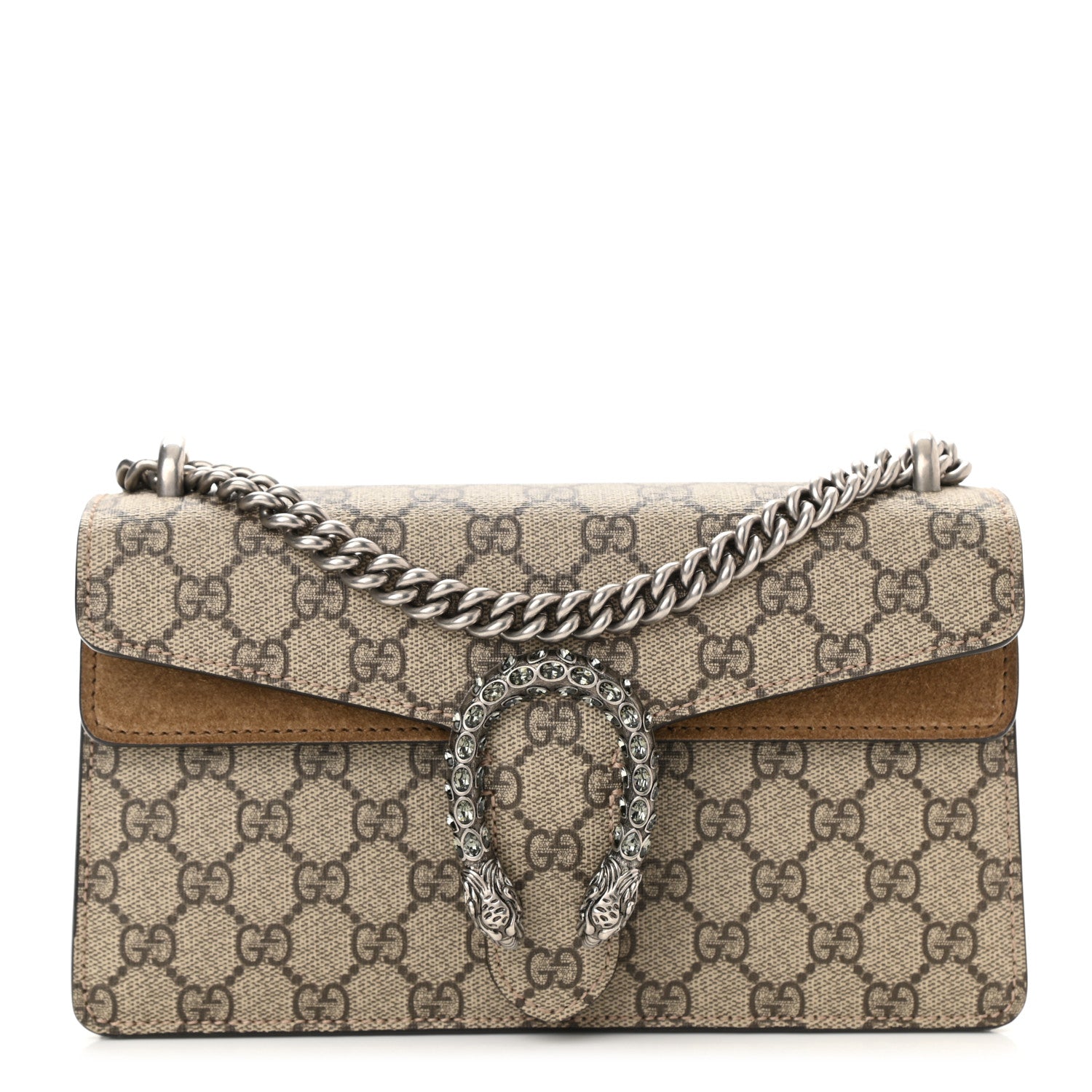 Gucci GG Supreme Monogram Suede Crystal Small Dionysus Shoulder Bag Beige Ebony Taupe 1 of 8