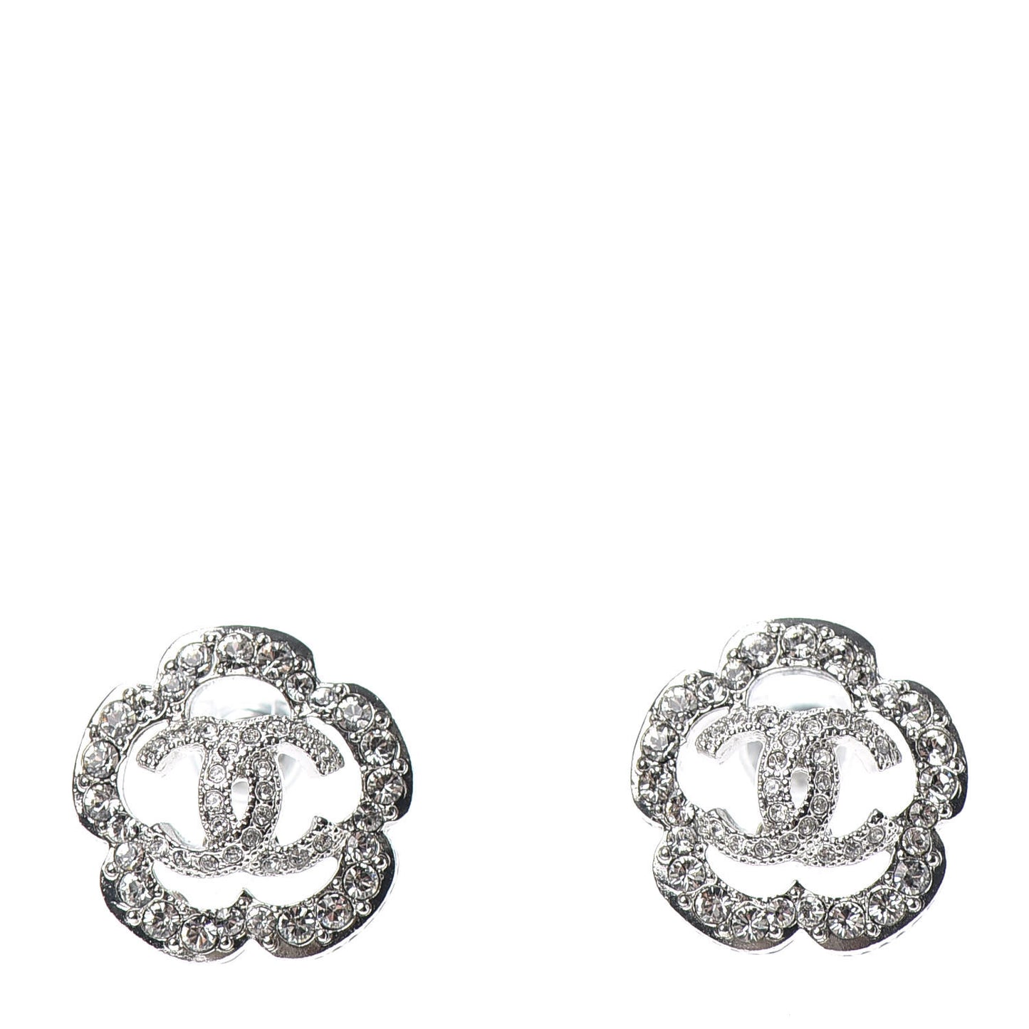 Crystal Coco Flapper Camellia CC Stud Earrings Silver