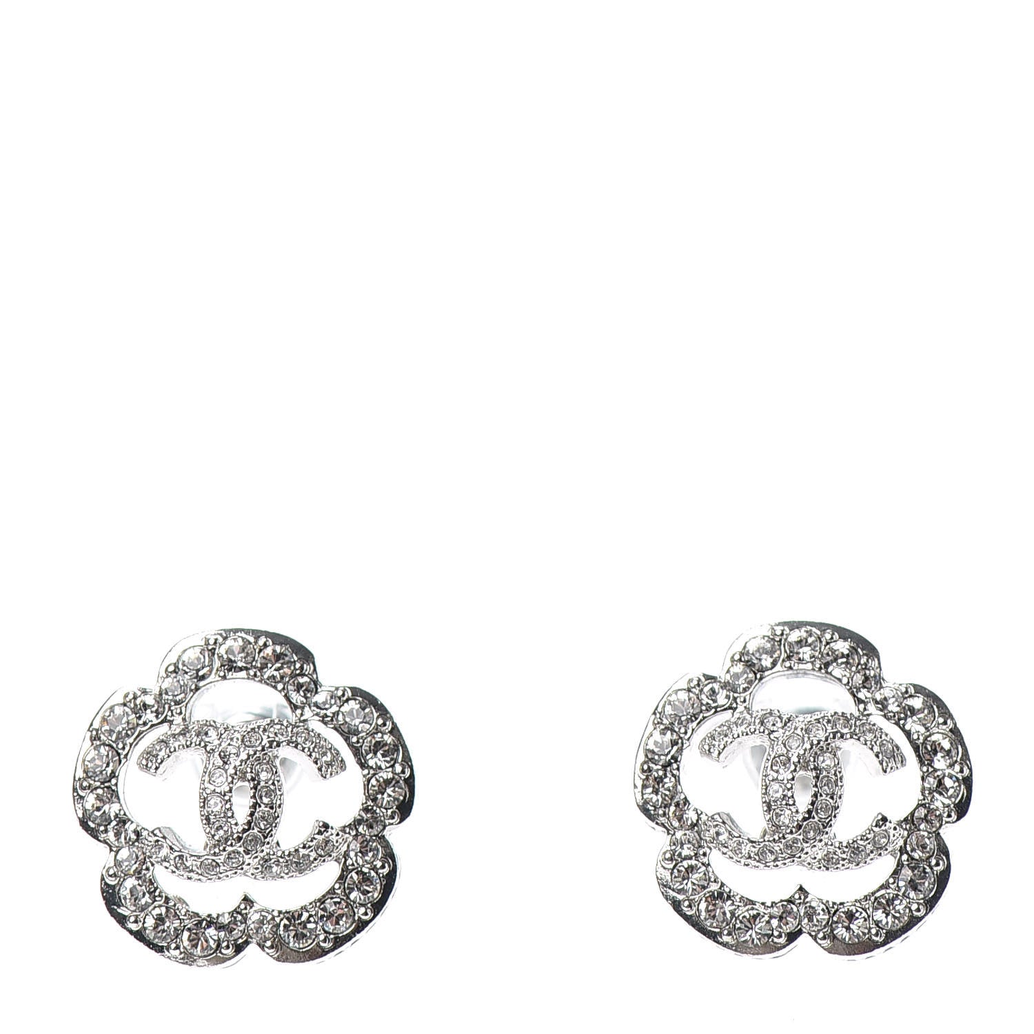 Chanel Crystal Coco Flapper Camellia CC Stud Earrings Silver 1 of 4