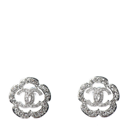 Chanel Crystal Coco Flapper Camellia CC Stud Earrings Silver 1 of 4