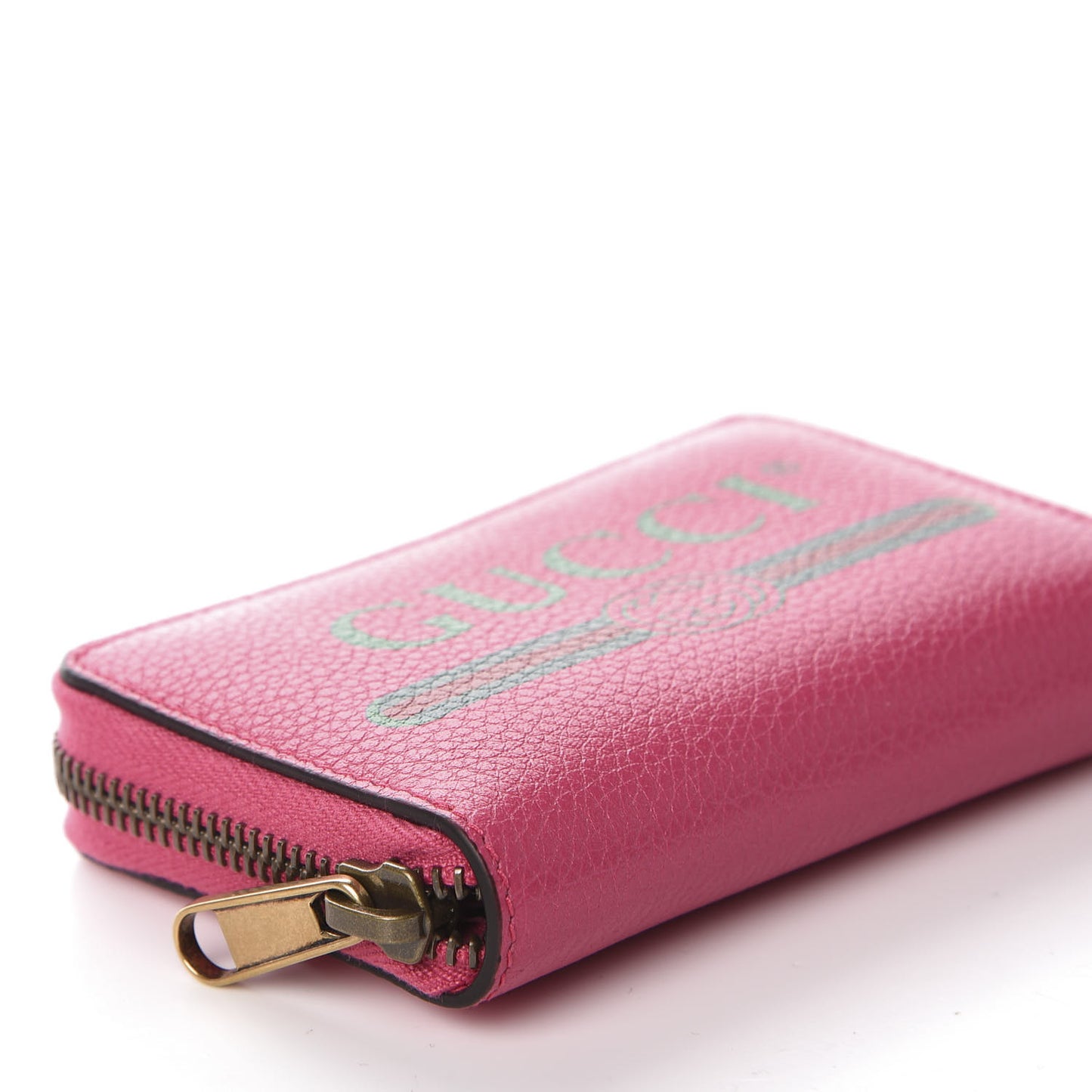 Grained Calfskin Logo Zip Around Card Case Box Pink Green