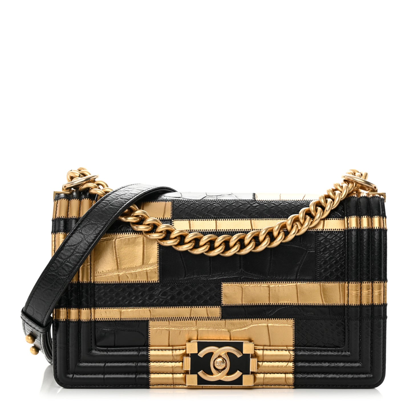Crocodile Python Calfskin Embossed Medium Boy Flap Black Gold