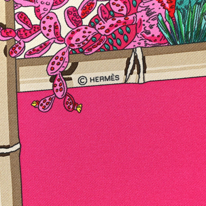 Hermes Silk Jardins D Hiver Scarf 90 Rose Vif Vert Creme 1 of 5