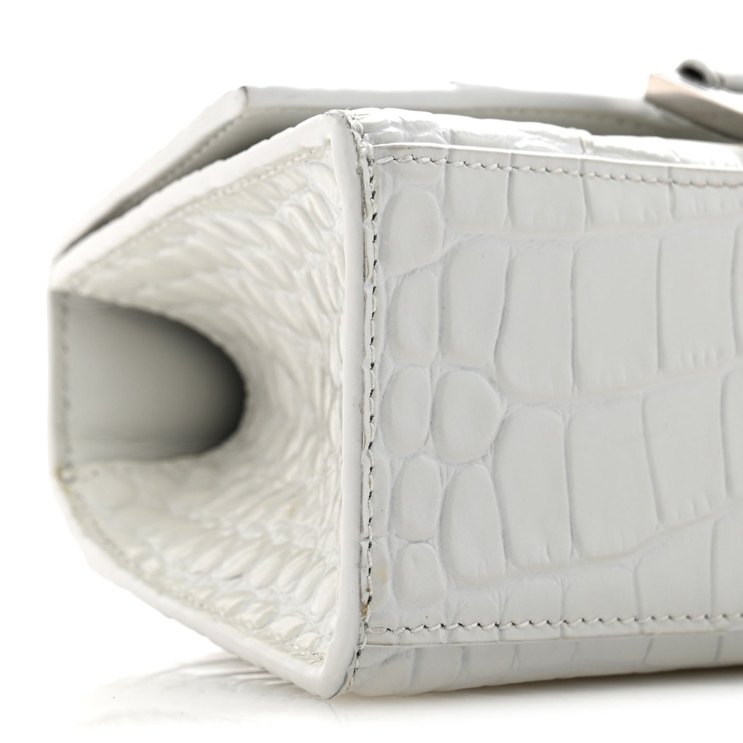 Shiny Calfskin Crocodile Embossed Hourglass Top Handle Bag XS White