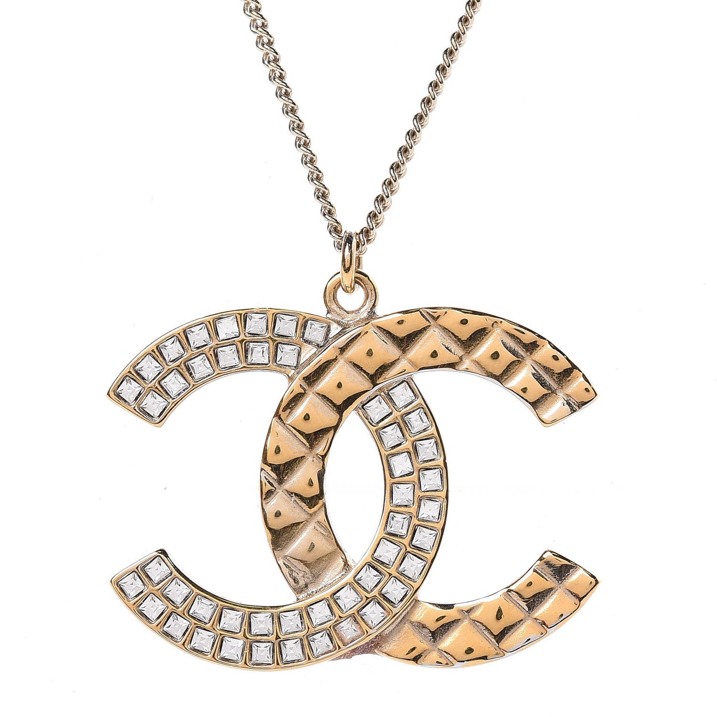 Baguette Crystal Quilted CC Pendant Necklace Gold
