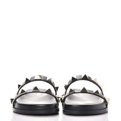 Valentino Garavani Pebbled Calfskin Macro Rockstud Lock Slide Sandals 37.5 Black 2 of 9