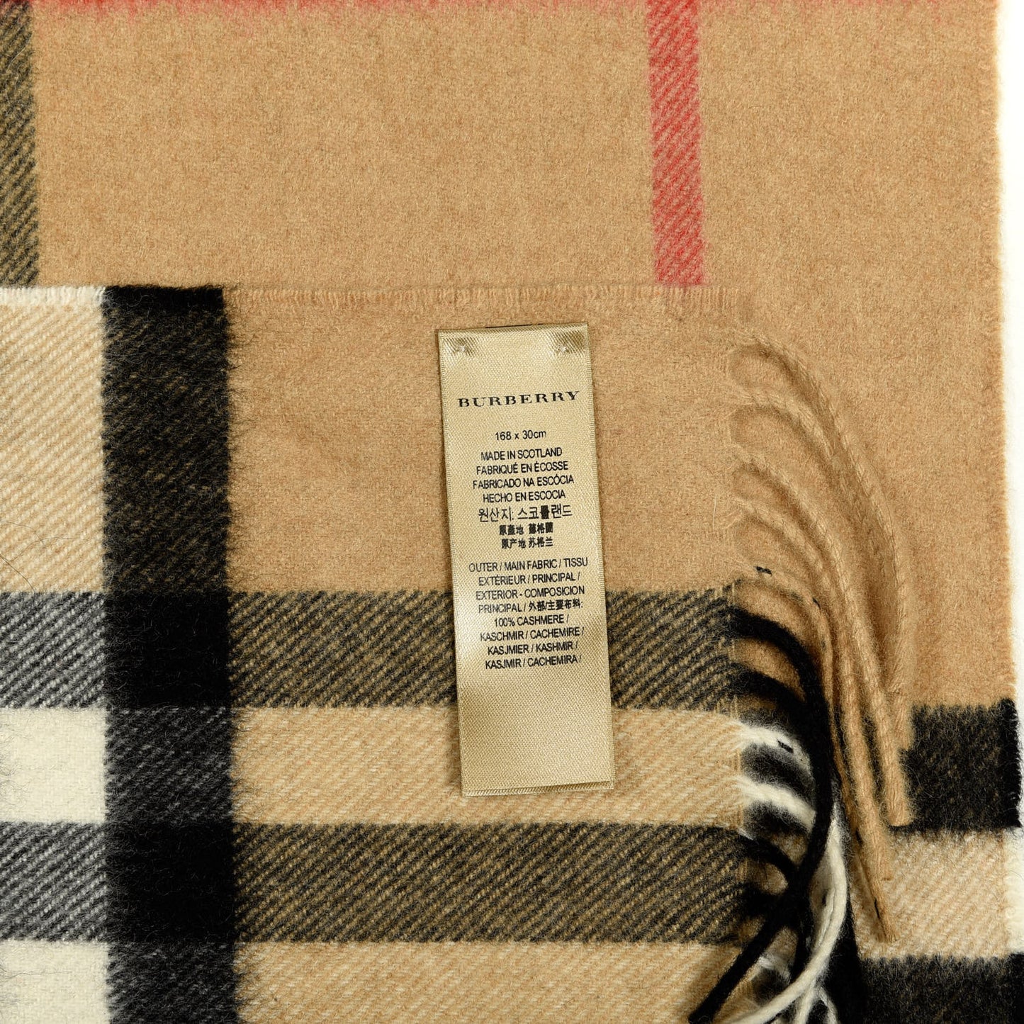 Cashmere Giant Check Fringe Scarf Camel