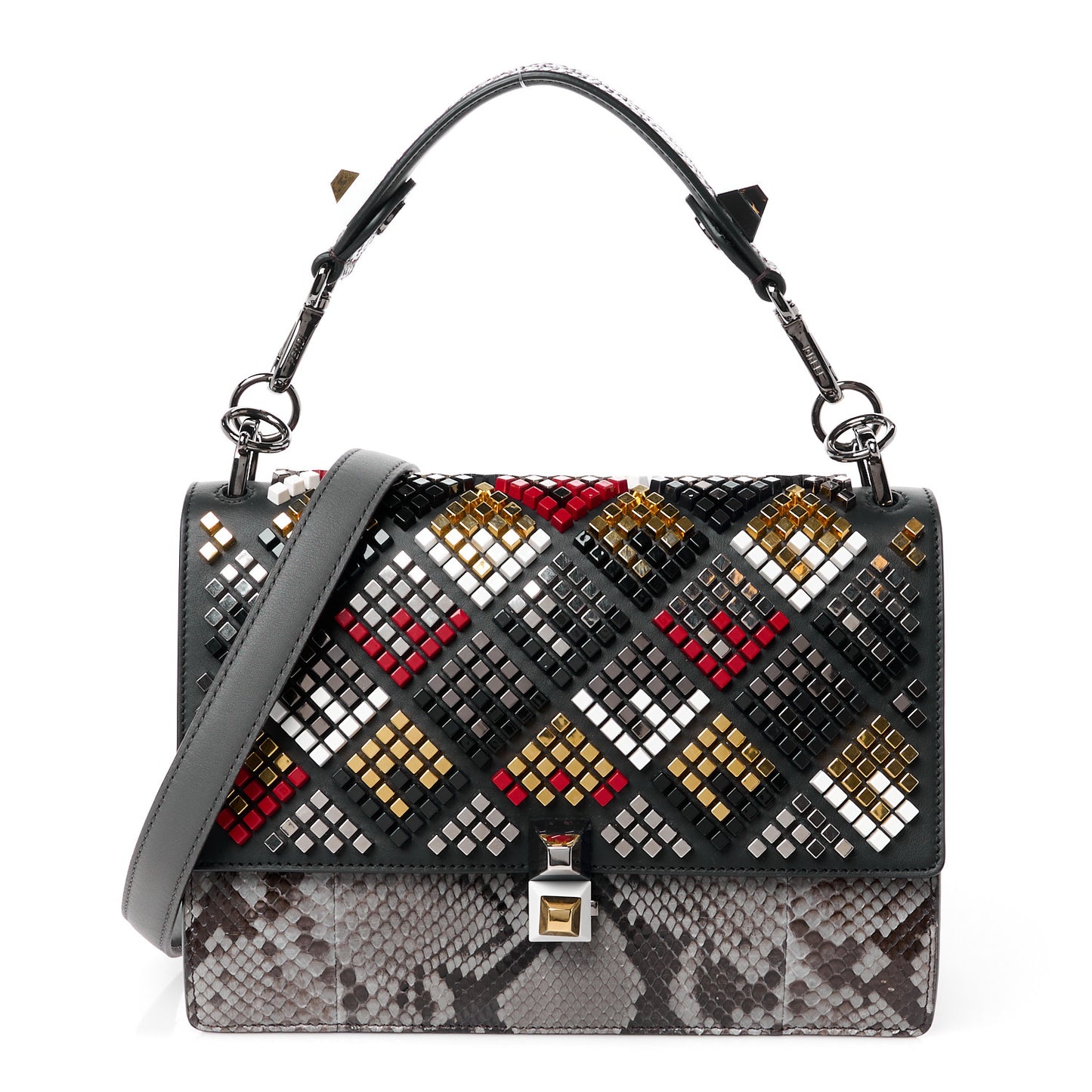 Vitello Century Snakeskin Studded Kan I Shoulder Bag Black Multicolor