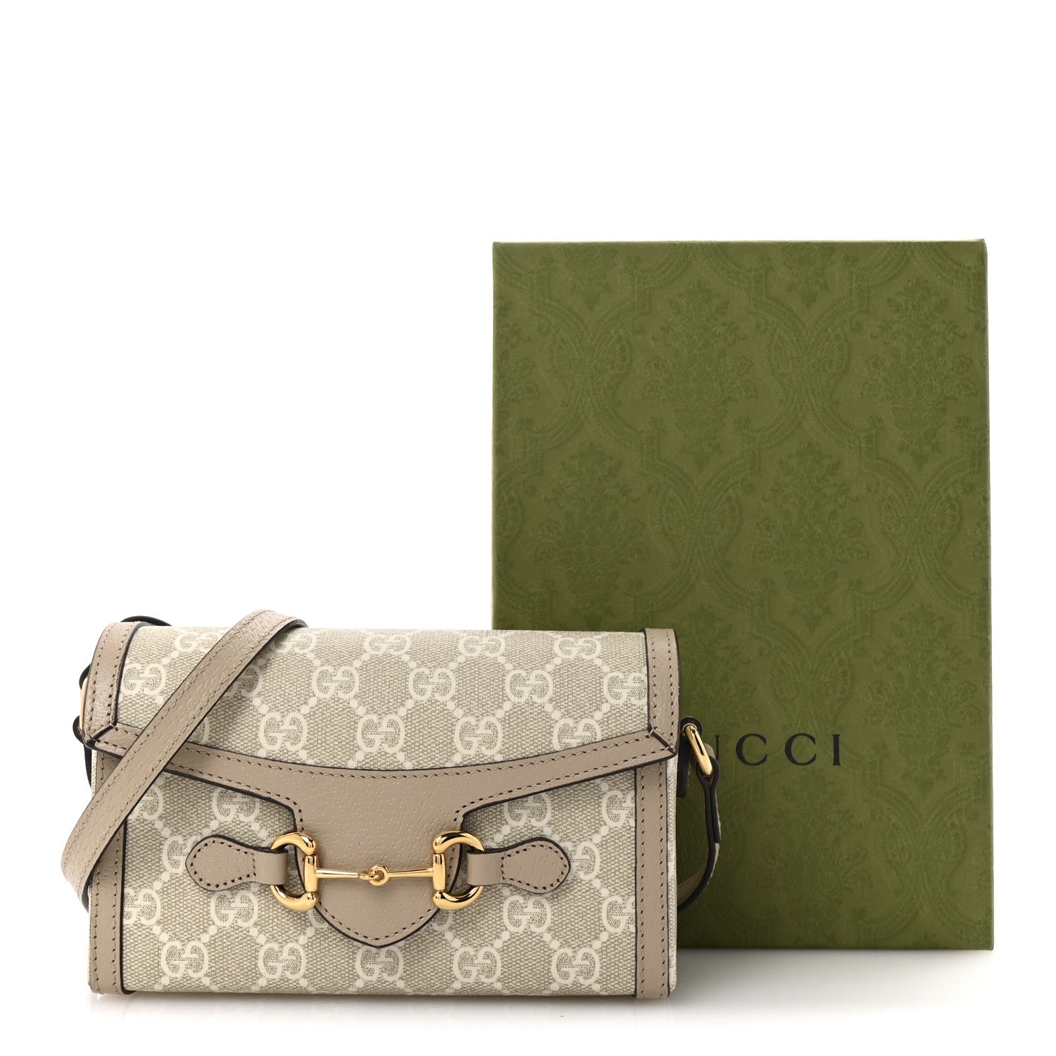 Gucci GG Supreme Monogram Textured Dollar Calfskin Mini Horsebit 1955 Shoulder Bag Beige Mystic White Oatmeal 13 of 13