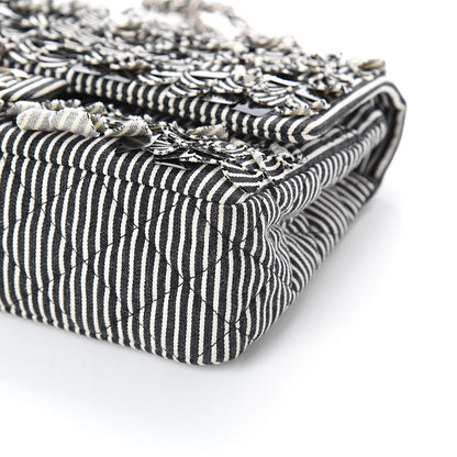 Chanel Canvas Sequin Stripe Medium Double Flap Black White 8 of 8
