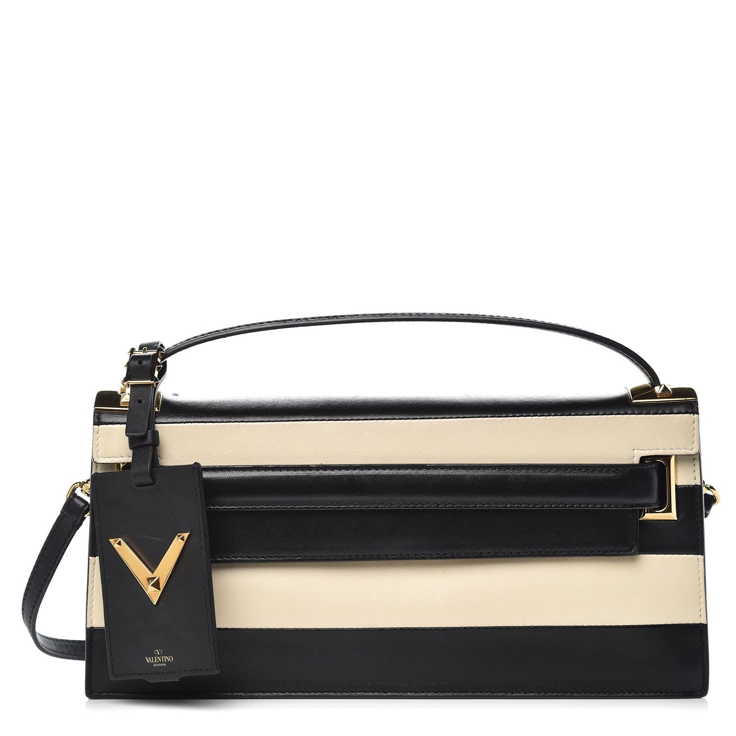 Valentino Garavani Nappa Striped My Rockstud Clutch Black Light Ivory 1 of 12