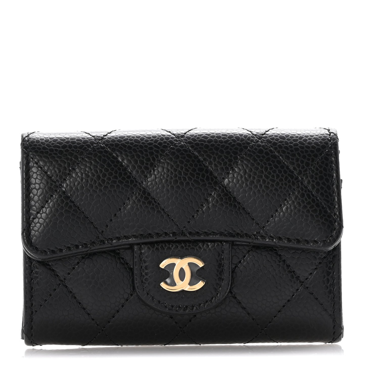Caviar Quilted Flap Card Holder Wallet Black