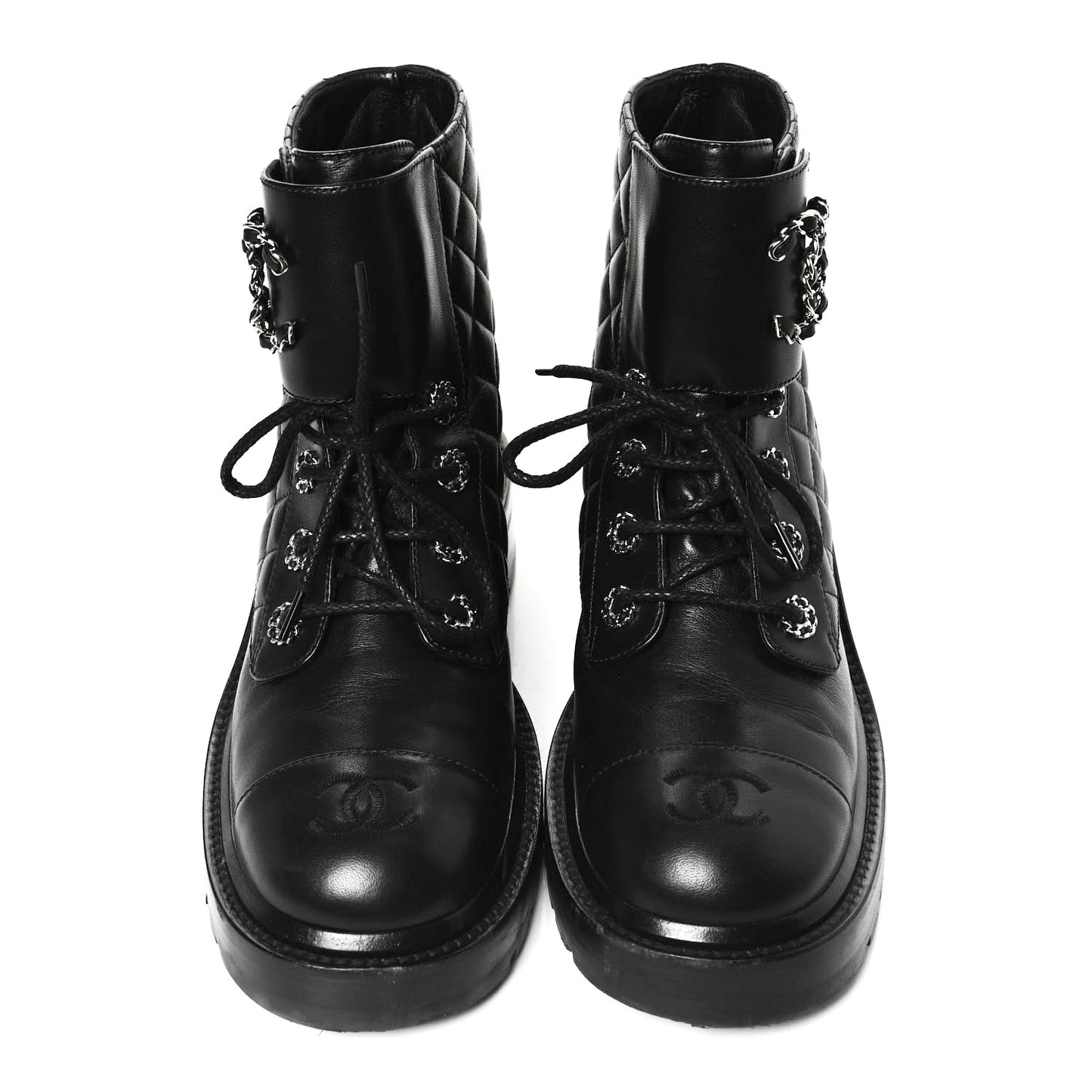 Shiny Lambskin Quilted Lace Up Combat Boots 38.5 Black