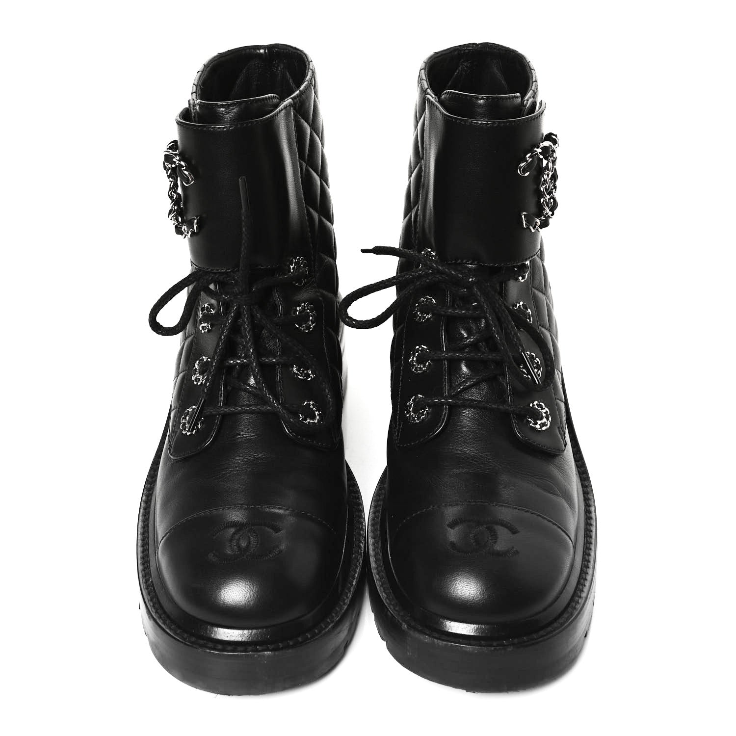 Chanel Shiny Lambskin Quilted Lace Up Combat Boots 38.5 Black 14 of 14
