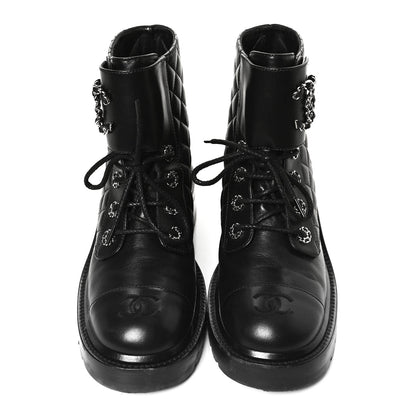 Chanel Shiny Lambskin Quilted Lace Up Combat Boots 38.5 Black 14 of 14