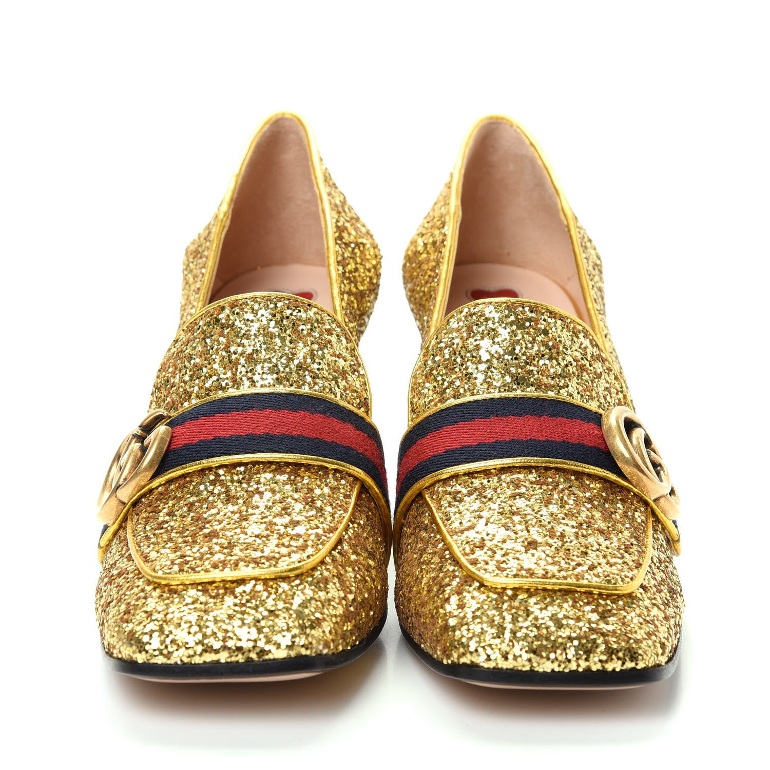 Gucci Glitter Nappa Web Peyton 75mm Loafer Pumps 38.5 Oro Vecchio 2 of 11