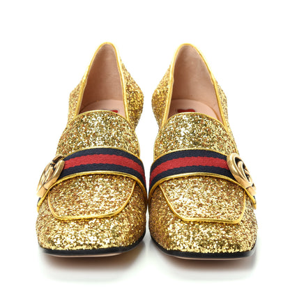Gucci Glitter Nappa Web Peyton 75mm Loafer Pumps 38.5 Oro Vecchio 2 of 11