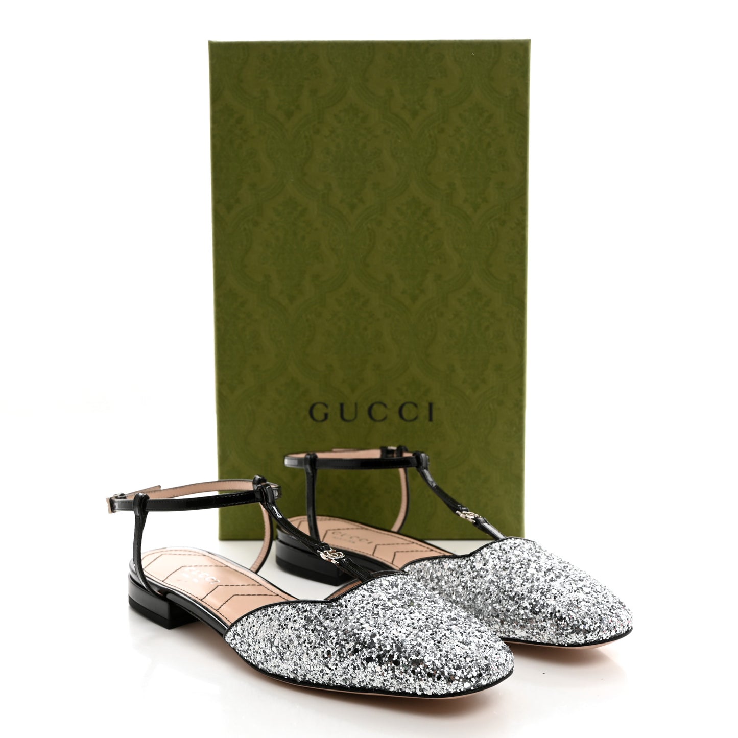 Calfskin Glitter Double G Slingback Flats 37 Silver Black