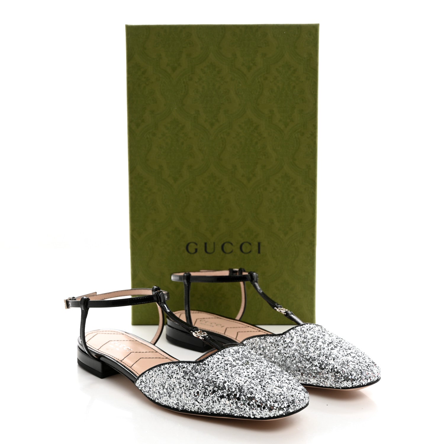 Gucci Calfskin Glitter Double G Slingback Flats 37 Silver Black 8 of 8