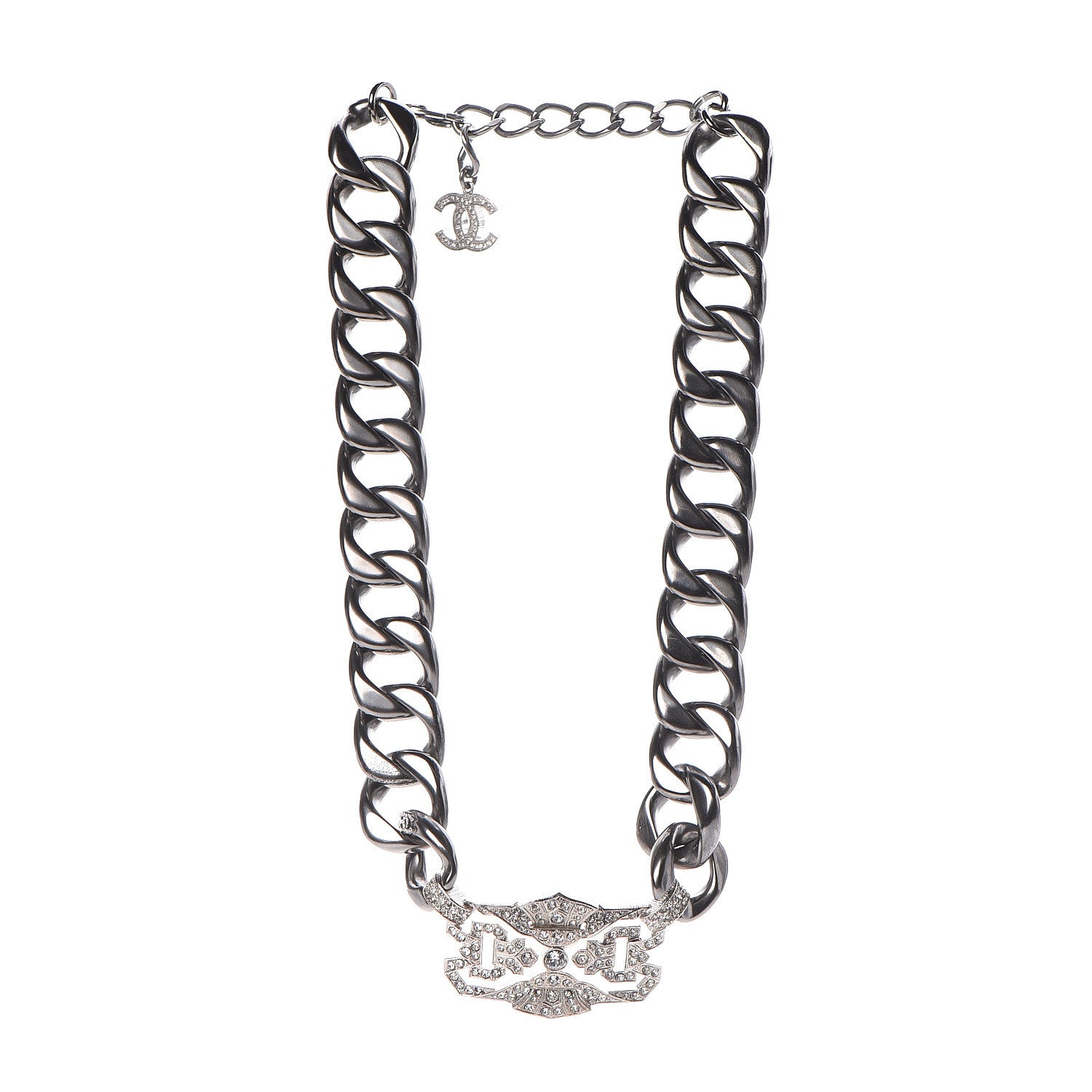 Chanel Crystal CC Chain Link Choker Necklace Dark Silver 3 of 5