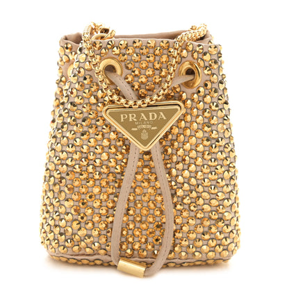 Prada Satin Crystal Metal Triangle Logo Mini Drawcord Pouch Shoulder Bag Platino 1 of 11