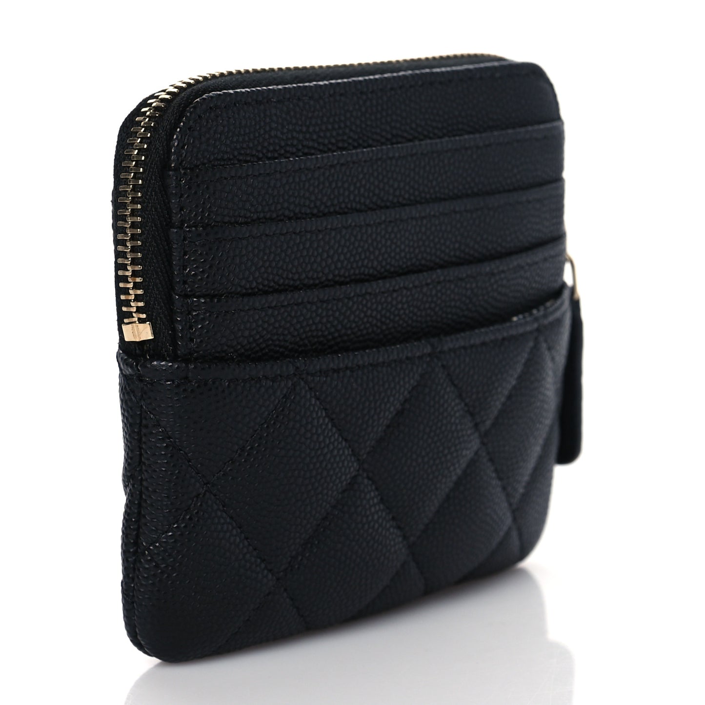 Caviar Metal Quilted Striated Zip Card Holder Wallet Black