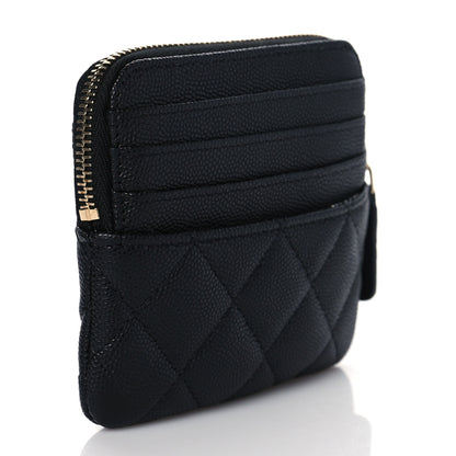 Chanel Caviar Metal Quilted Striated Zip Card Holder Wallet Black 3 of 9
