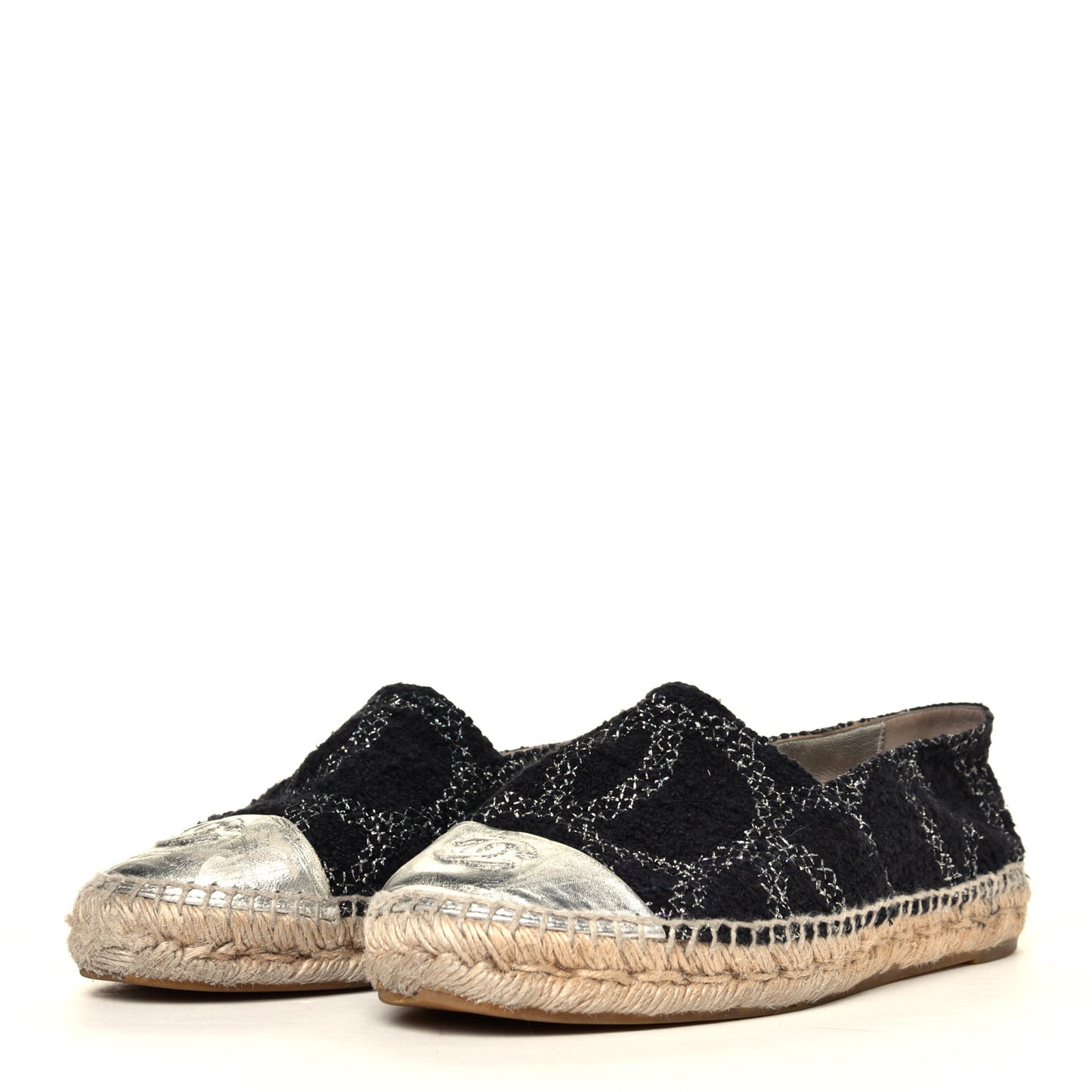 Tweed Lambskin CC Espadrilles 38 Black Silver