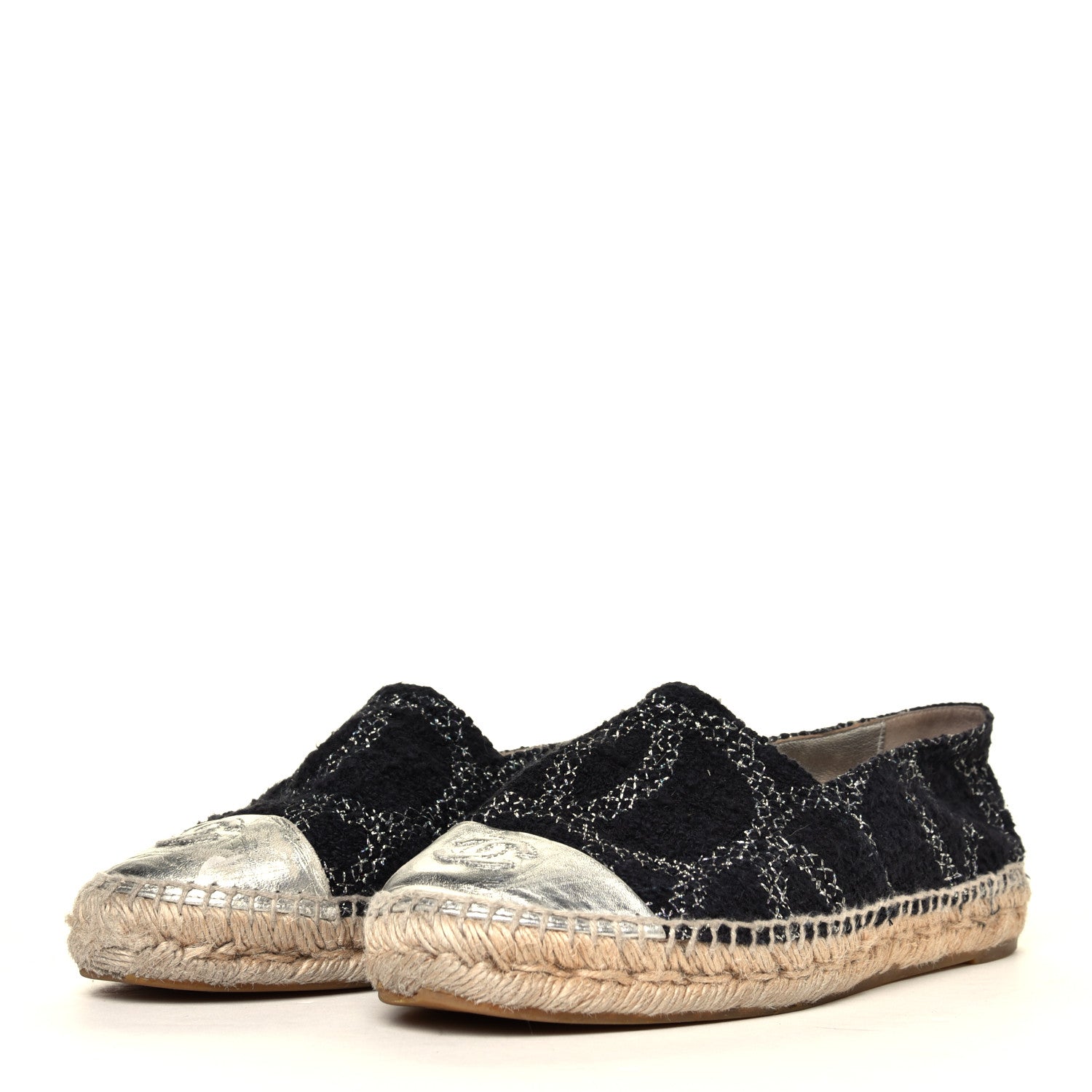 Chanel Tweed Lambskin CC Espadrilles 38 Black Silver 2 of 7