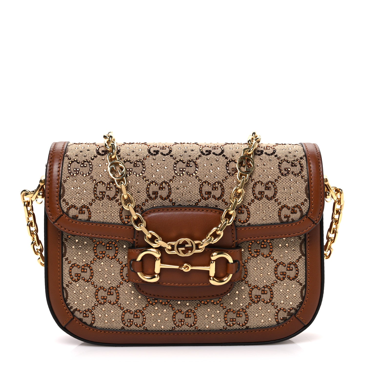Gucci New Canvas Charisma Calfskin Crystal GG Monogram Mini Horsebit 1955 Shoulder Bag Camel Ebony 1 of 10