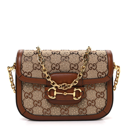 Gucci New Canvas Charisma Calfskin Crystal GG Monogram Mini Horsebit 1955 Shoulder Bag Camel Ebony 1 of 10