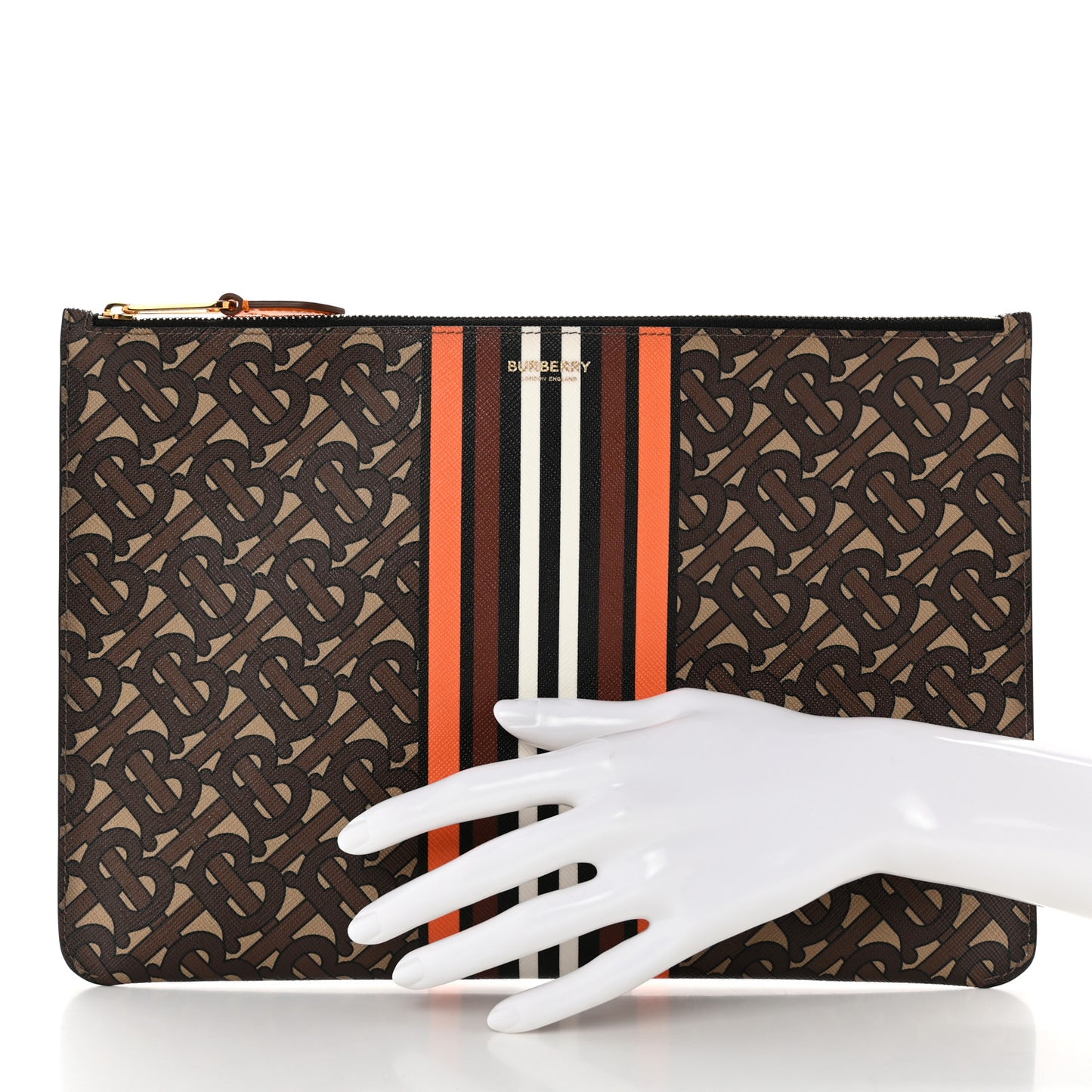 E-Canvas Monogram Stripe Zip Pouch Bridle Brown