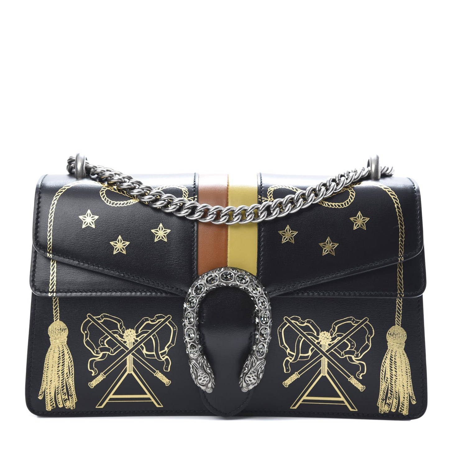 Calfskin Crystal Star Tassel Print Small Dionysus Shoulder Bag Black