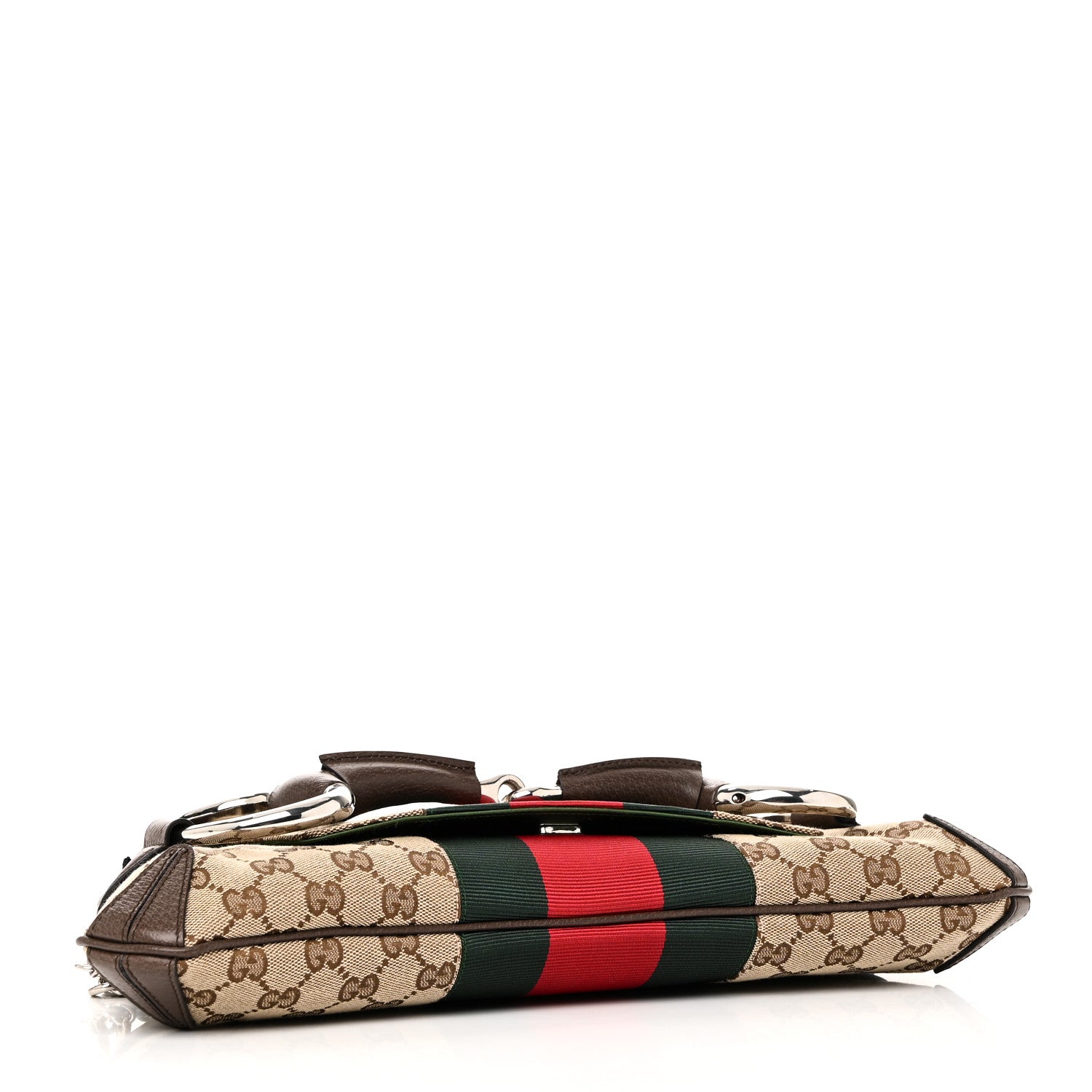Gucci Monogram Textured Dollar Calfskin Heavy Grosgrain Web Medium Maxi Horsebit Chain Shoulder Bag Beige Ebony New Acero 4 of 9