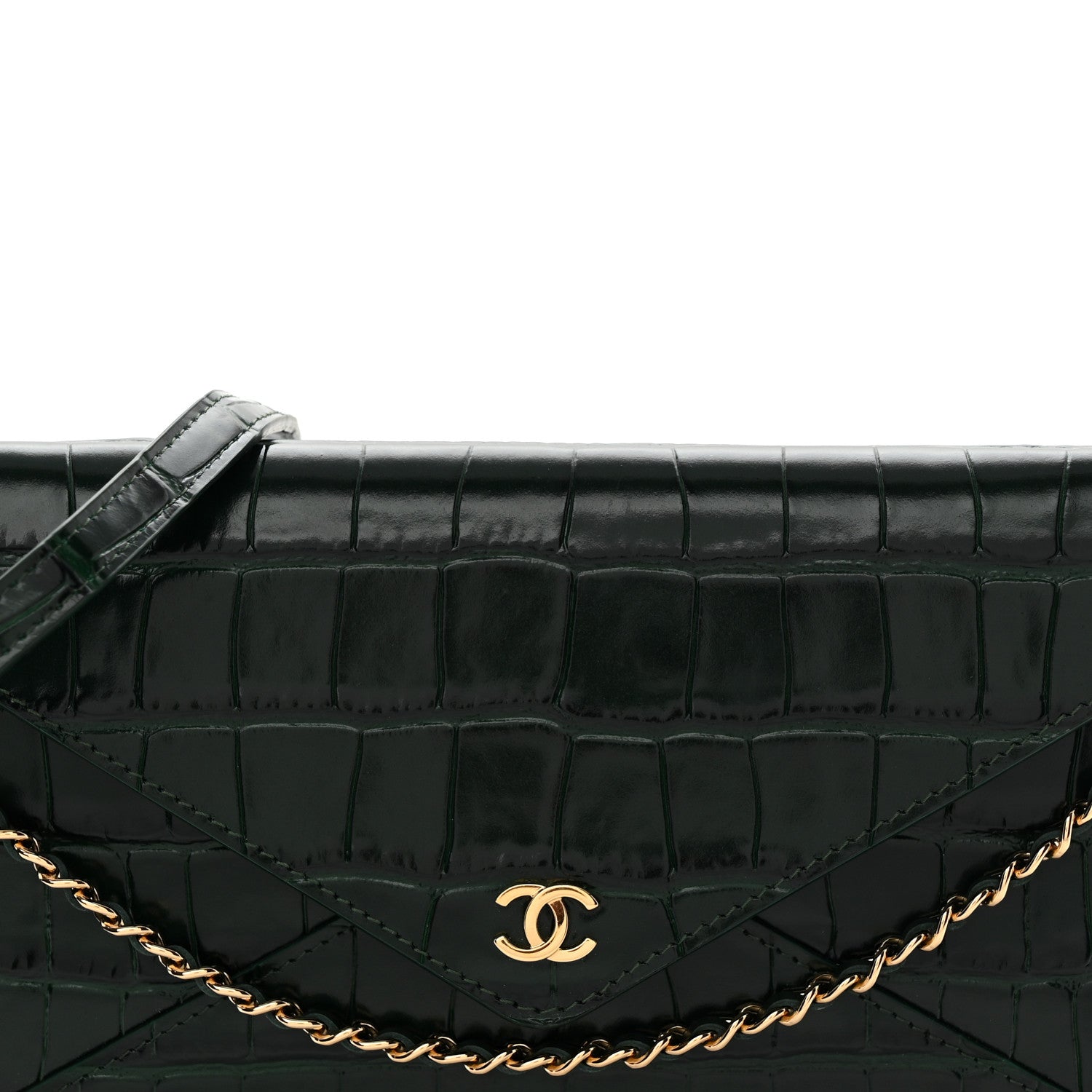 Chanel Calfskin Crocodile Embossed Envelope Clutch With Chain Emerald 8 of 10