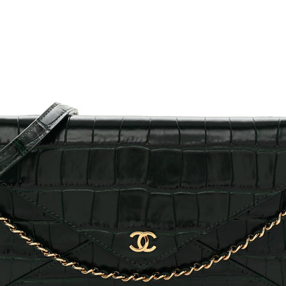 Chanel Calfskin Crocodile Embossed Envelope Clutch With Chain Emerald 8 of 10