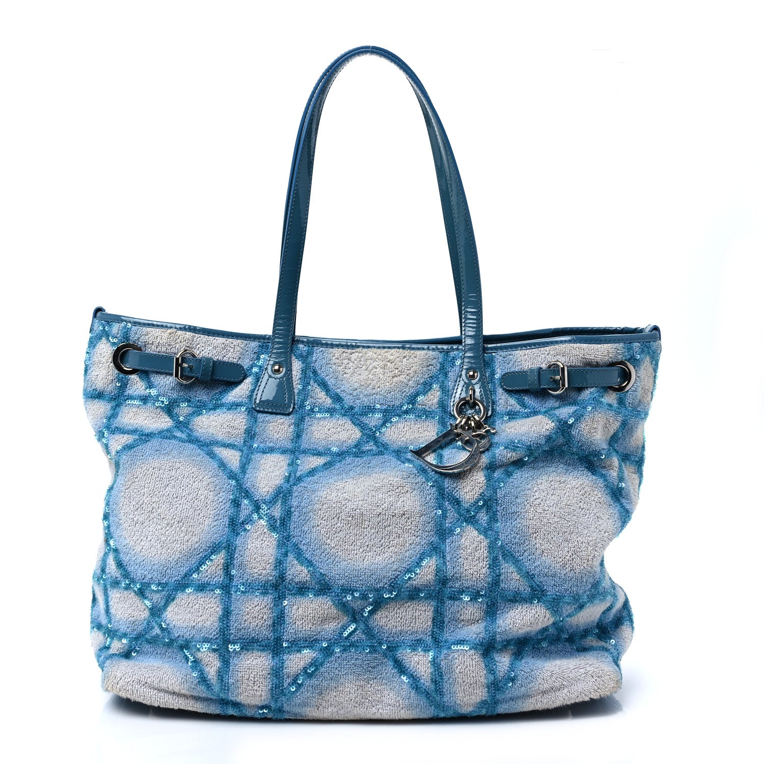 Christian Dior Canvas Patent Cannage Medium Panarea Tote White Blue 1 of 7