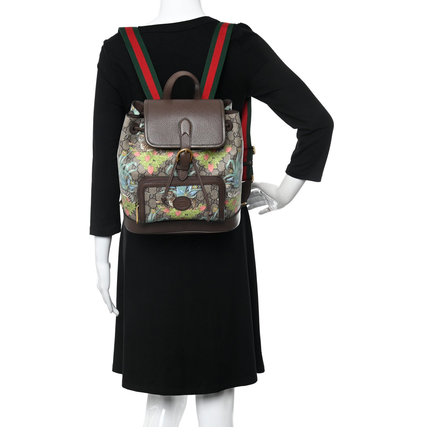 GG Supreme Monogram Textured Dollar Calfskin Tiger Savanah Retro Interlocking G Buckle Backpack Beige Ebony Multicolor New Acero