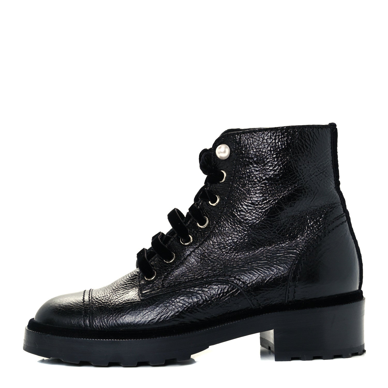 Chanel Shiny Calfskin Velvet Pearl Combat Short Boots 39 Black 1 of 10