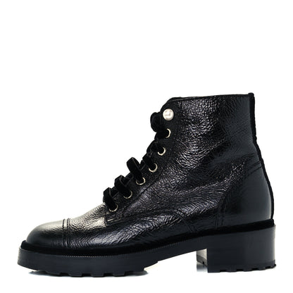 Chanel Shiny Calfskin Velvet Pearl Combat Short Boots 39 Black 1 of 10