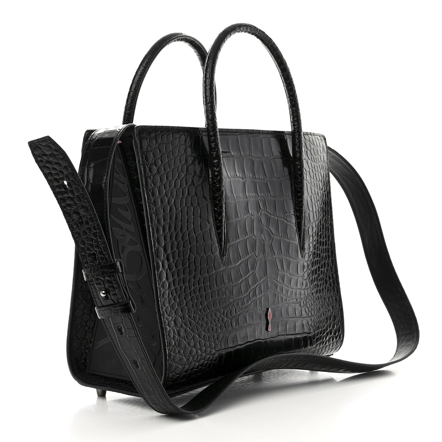 Christian Louboutin Calfskin Crocodile Embossed Studded Medium Paloma S Black 3 of 9